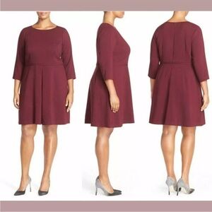 Eliza J Plus Size 14 W Pleat Front Fit & Flare Dress Maroon 3/4 Sleeves NWT